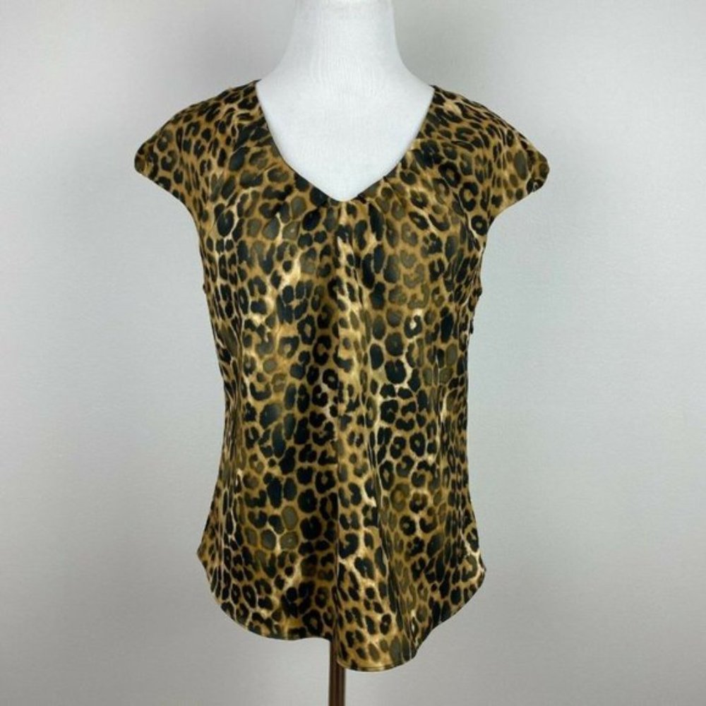 Express Blouse Top S Leopard Animal Print V-Neck‎ Cap Sleeve Brown Black
